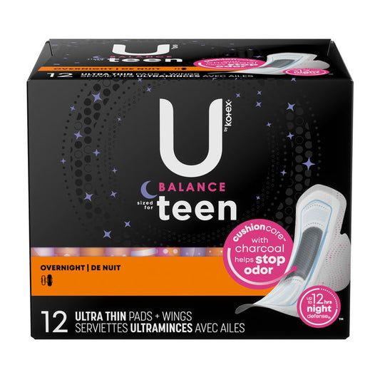 U Balance Teen Ultra Thin Charcoal Pads with Wings - Overnight (12-ct)