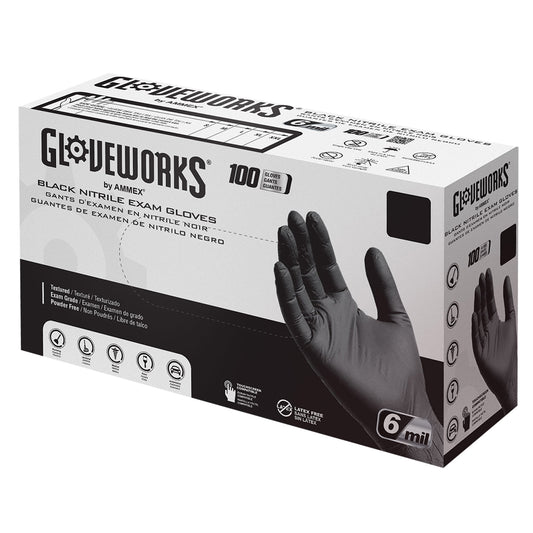 Gloveworks Black Nitrile Powder-Free Exam Gloves - Medium (100-ct) **CASE of 10**