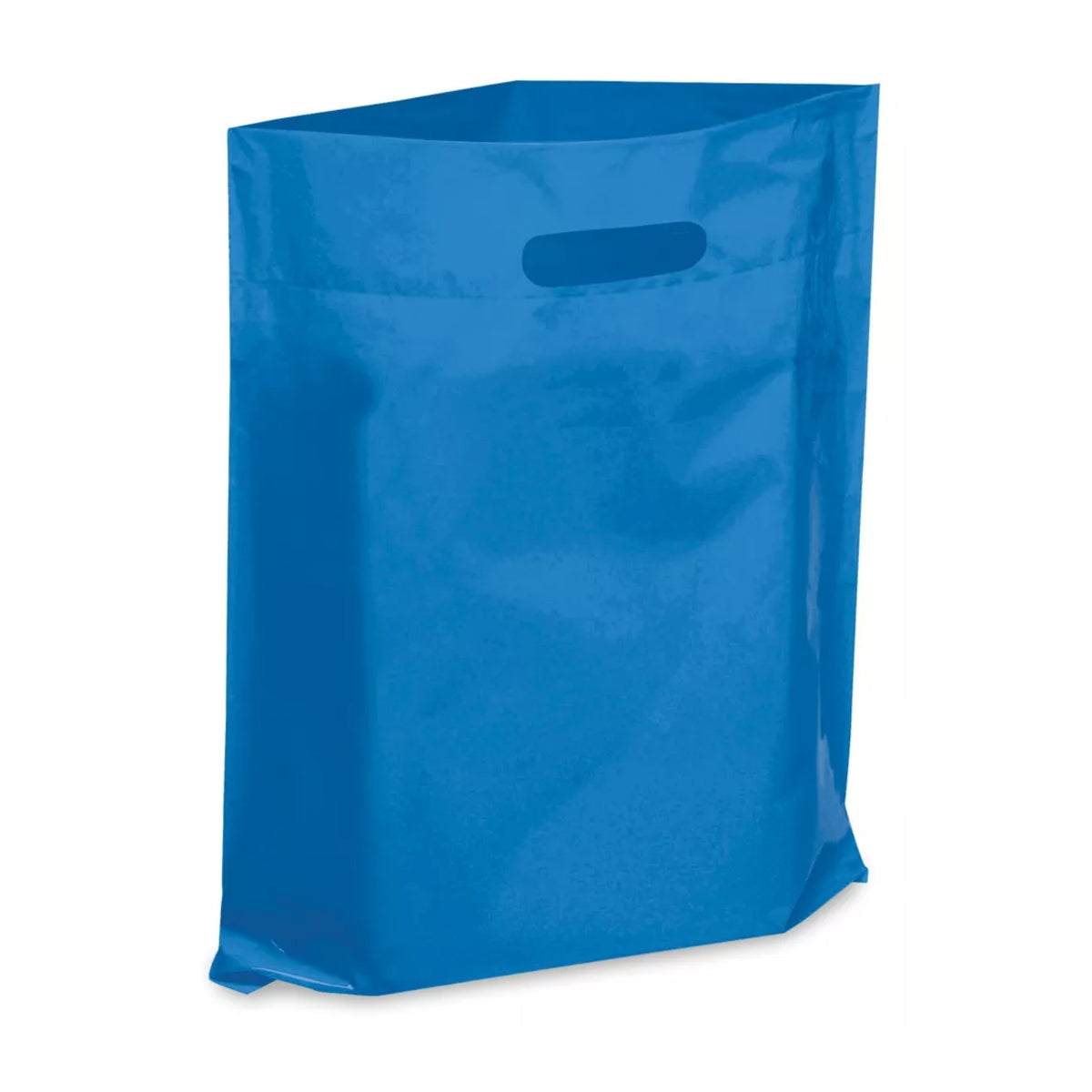 A bright blue plastic bag with a die-cut handle, shown on a plain white background.