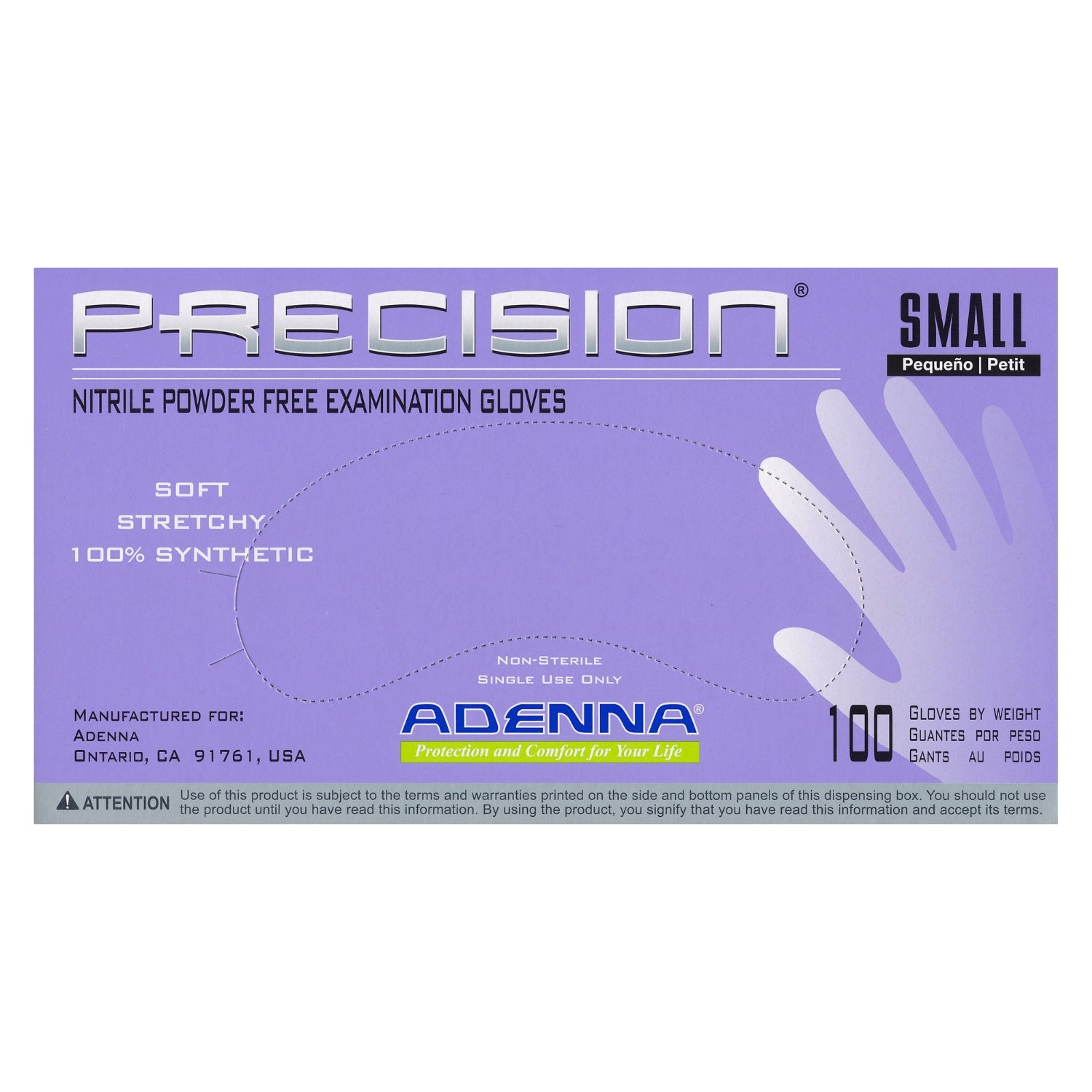 Precision nitrile examination gloves with Adenna branding 
