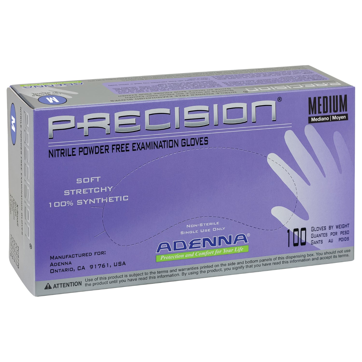Precision nitrile examination gloves with Adenna branding 