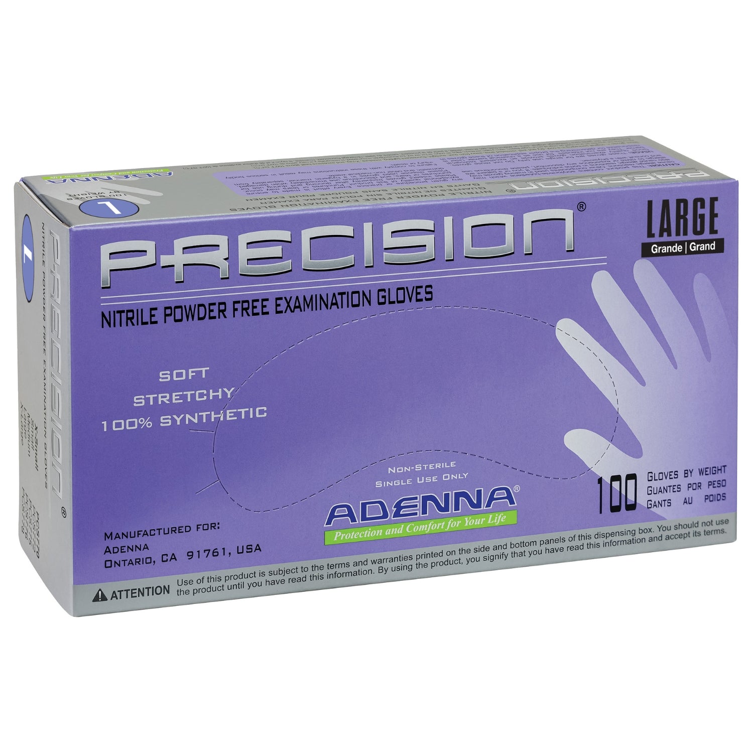 Precision nitrile examination gloves with Adenna branding 