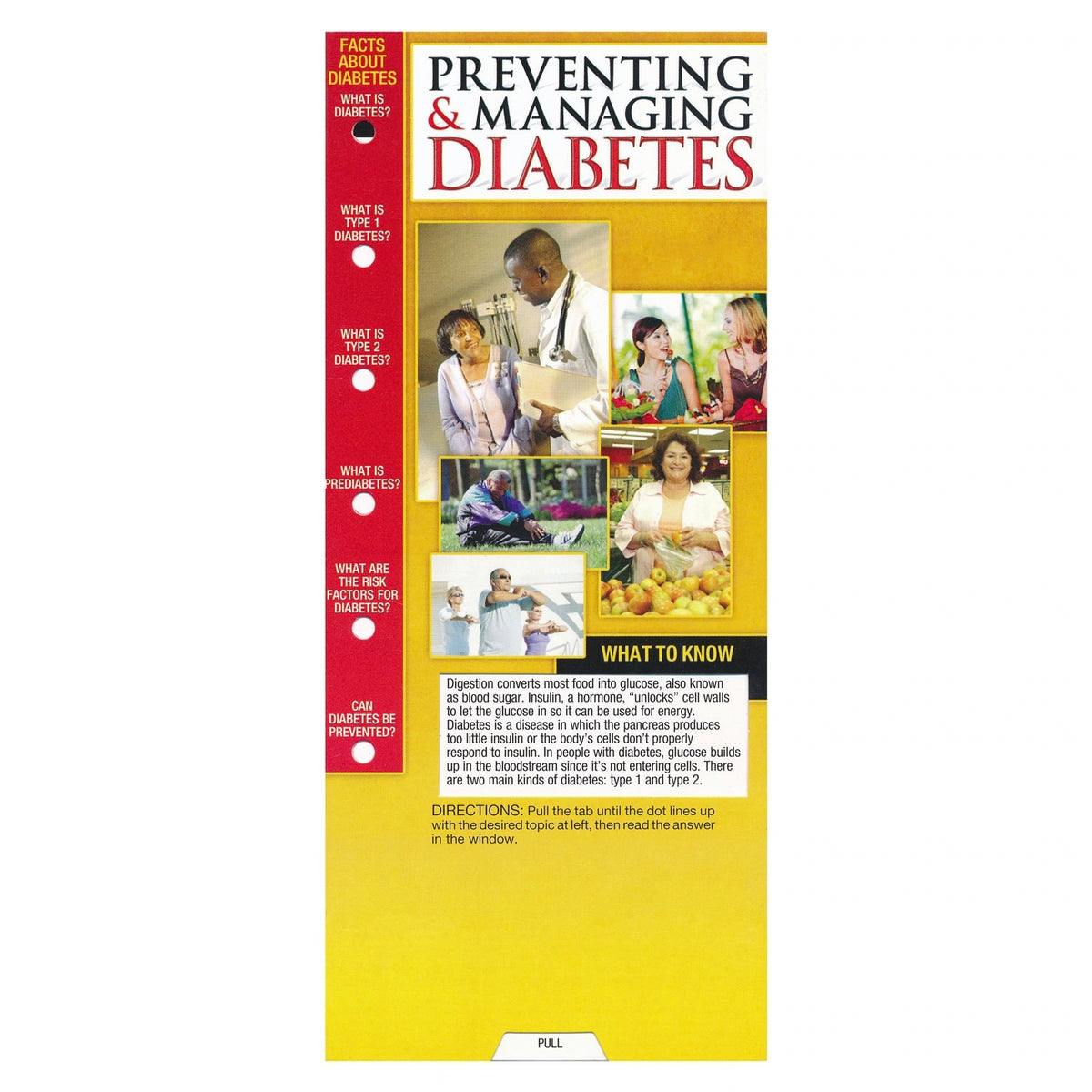 A vertical educational pamphlet titled 'PREVENTING & MANAGING DIABETES' with a yellow background, red sidebar, and multiple small photos of people in medical and lifestyle scenes.