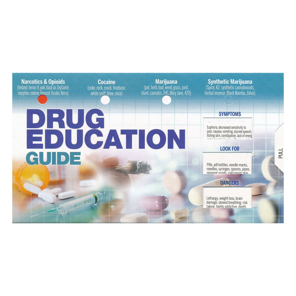 Drug Education Guide poster with a blue header, white grid background, large title text, and blurred pills and medical imagery.