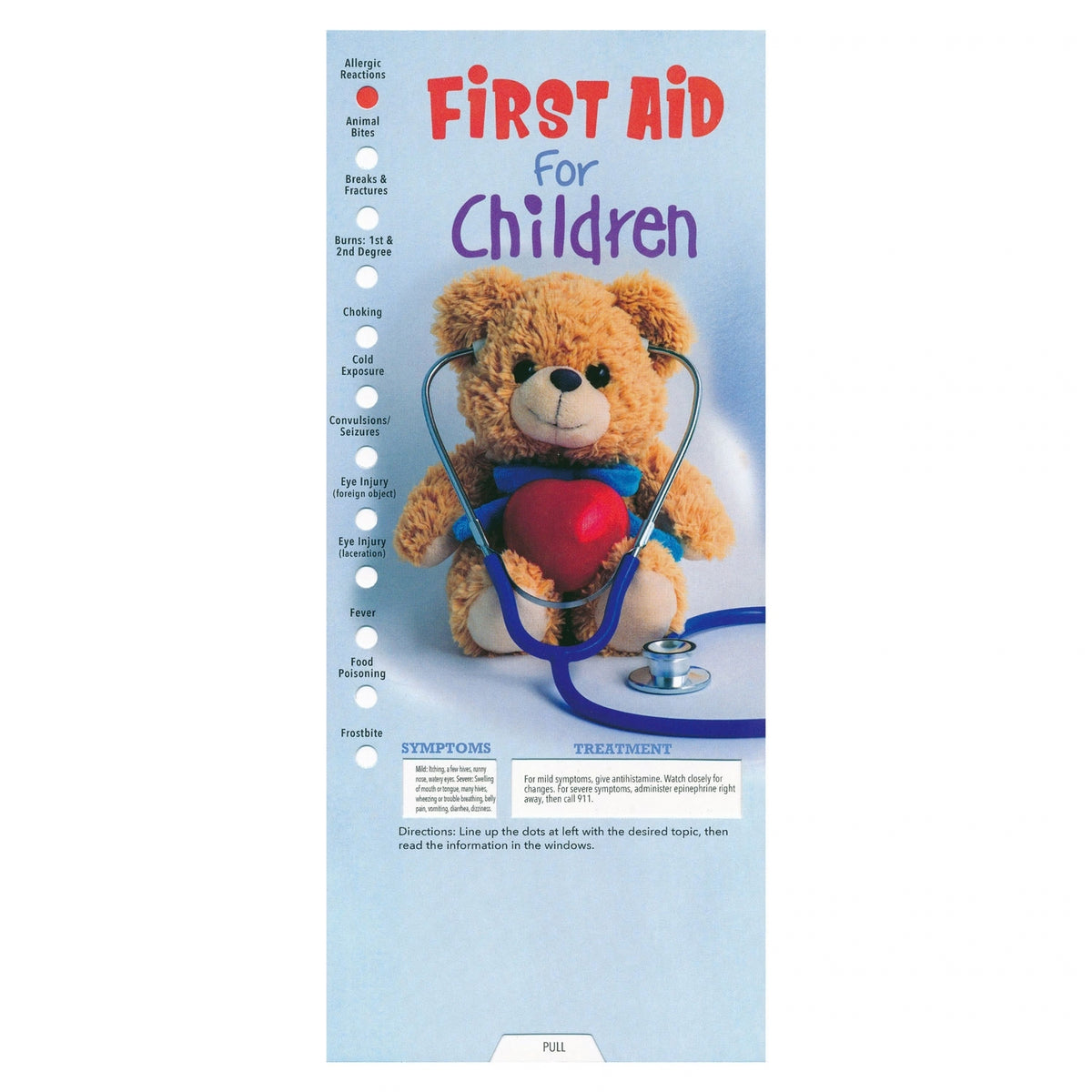 A children's first aid reference chart with a teddy bear holding a red heart and wearing a stethoscope. The chart has a light blue background, red and purple title text reading 'First Aid for Children,' a list of common allergies and symptoms on the left, and a pull tab at the bottom.