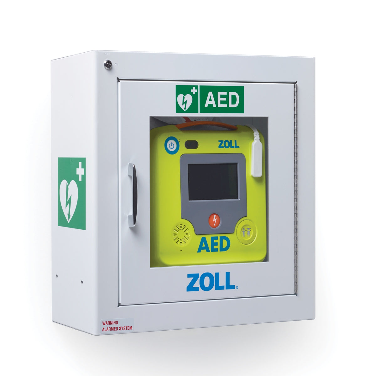 Zoll AED emergency responder kit in a white wall-mounted cabinet with a clear door, showing the lime green device inside with green and blue AED and Zoll branding.
