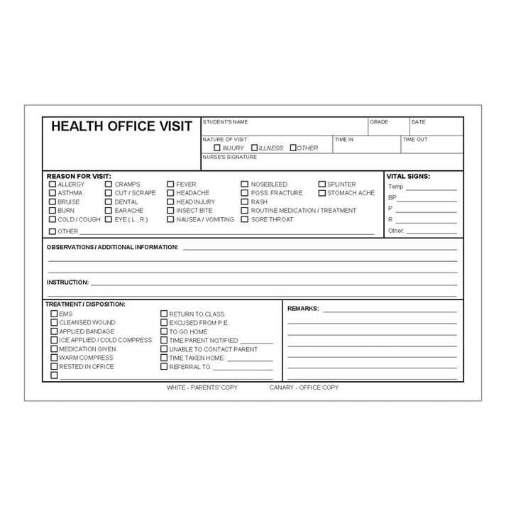 Health Office Visit Forms (500-ct) – School Nurse Supply