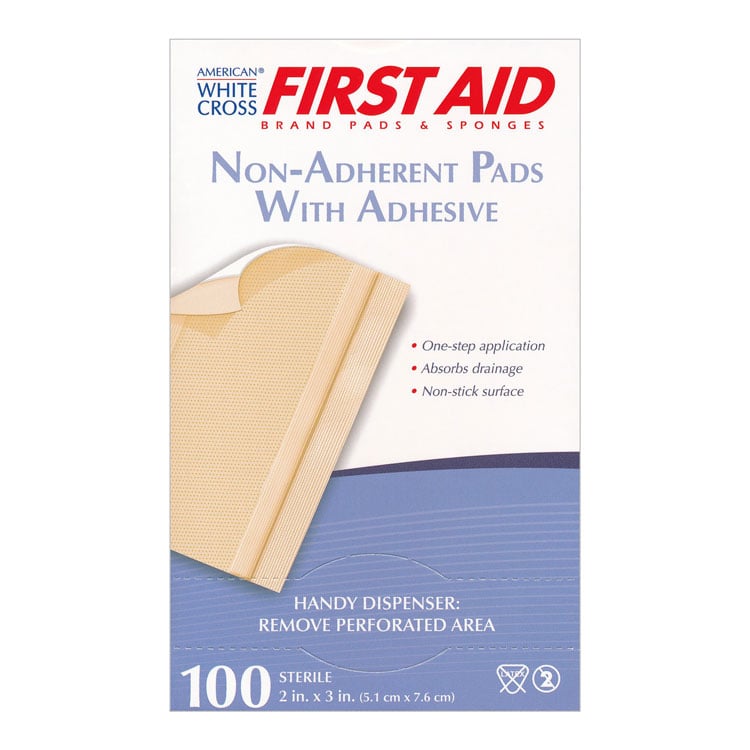 American White Cross Non-Adherent Pads with Adhesive - 2" x 3" (100-ct)